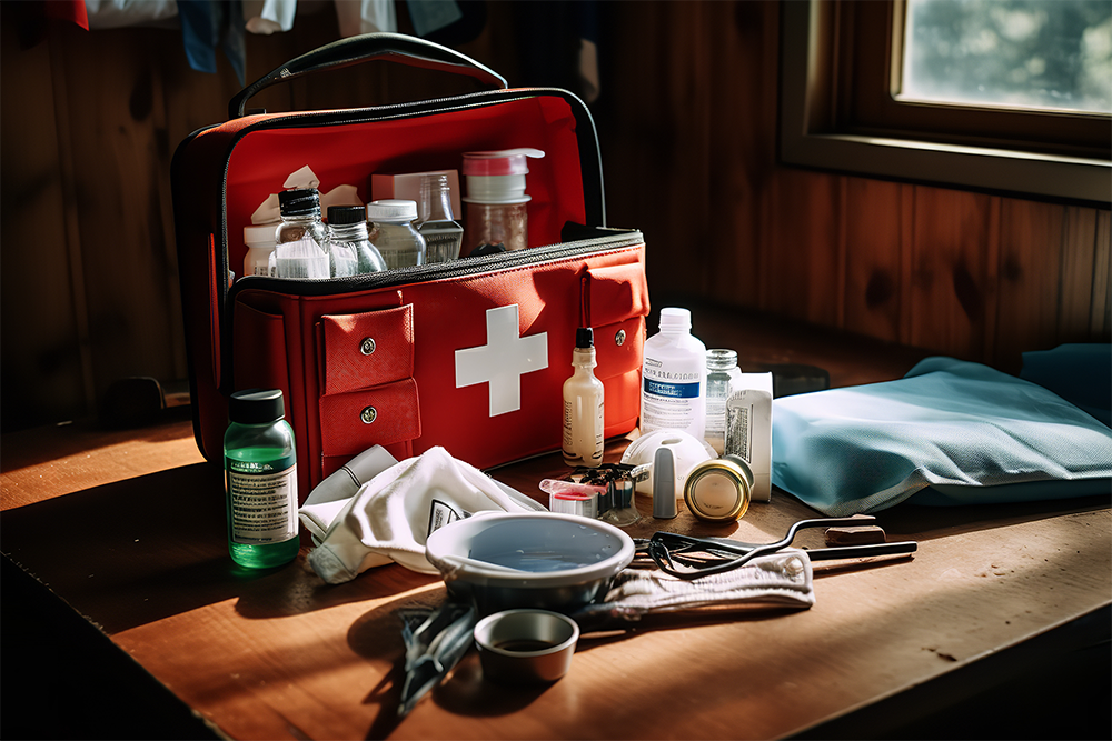 A well equipped home first aid kit on a table