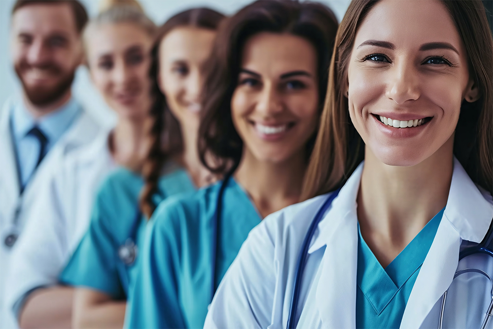 A team of medics looking at the camera. The team would be users of Tourniglo.
