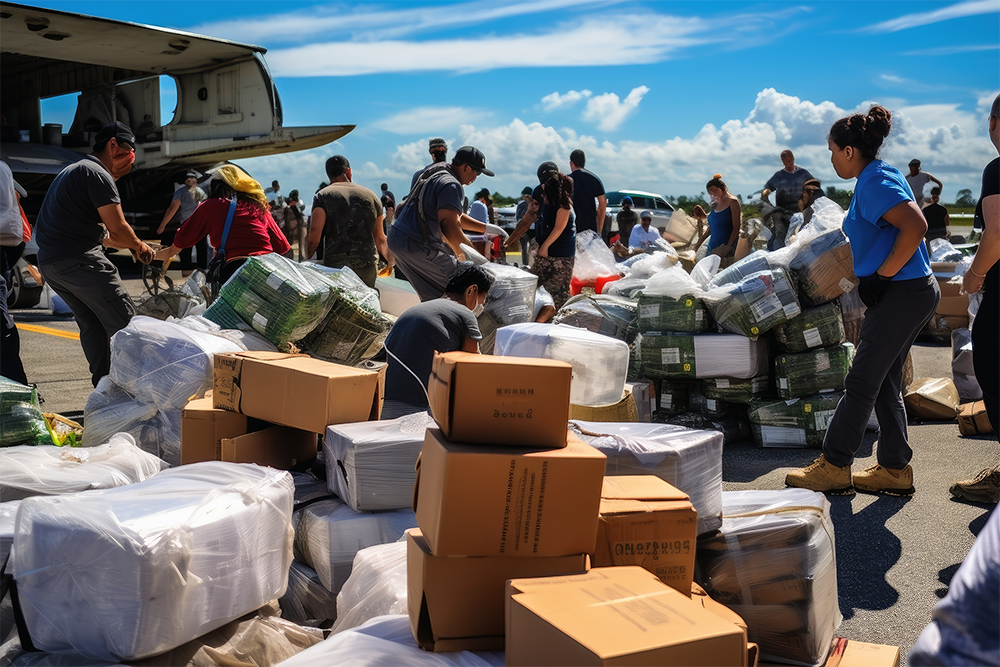 Team of disatser relief helpers unloading supplied from an aircraft